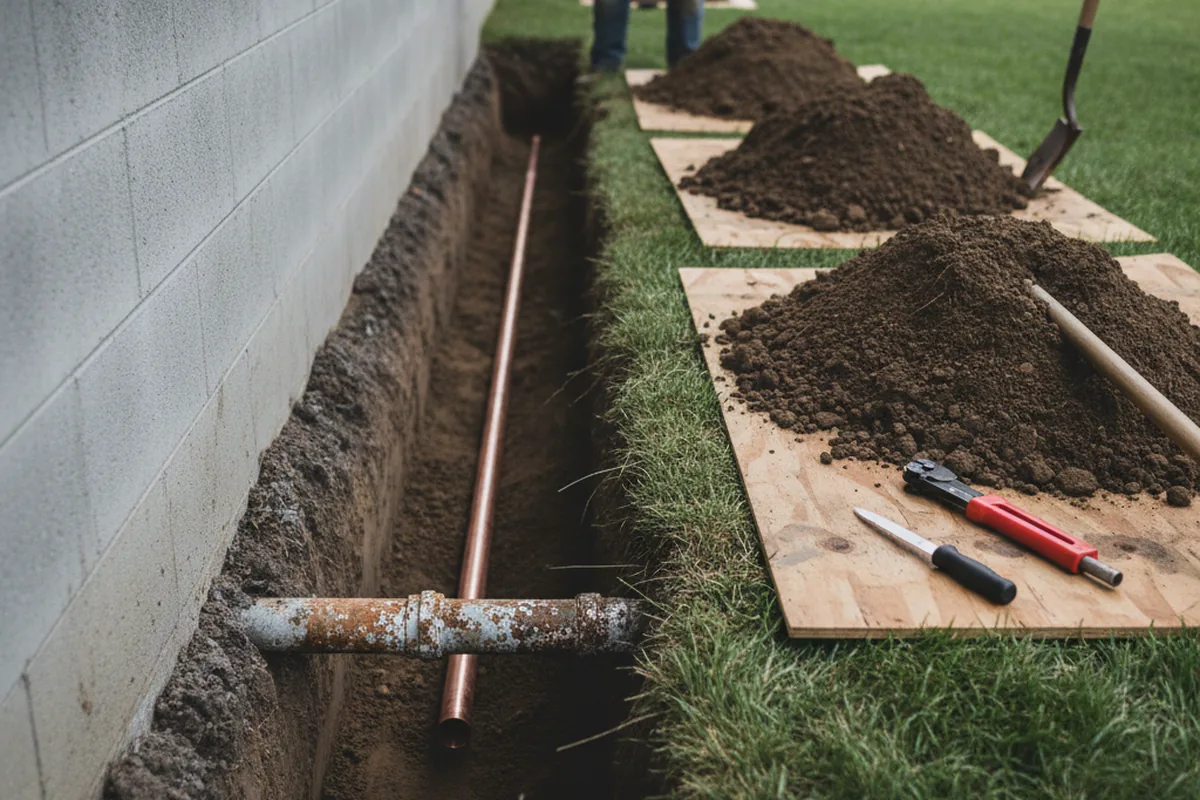 Excavated water line trench during Water Softener Installation in Proberta